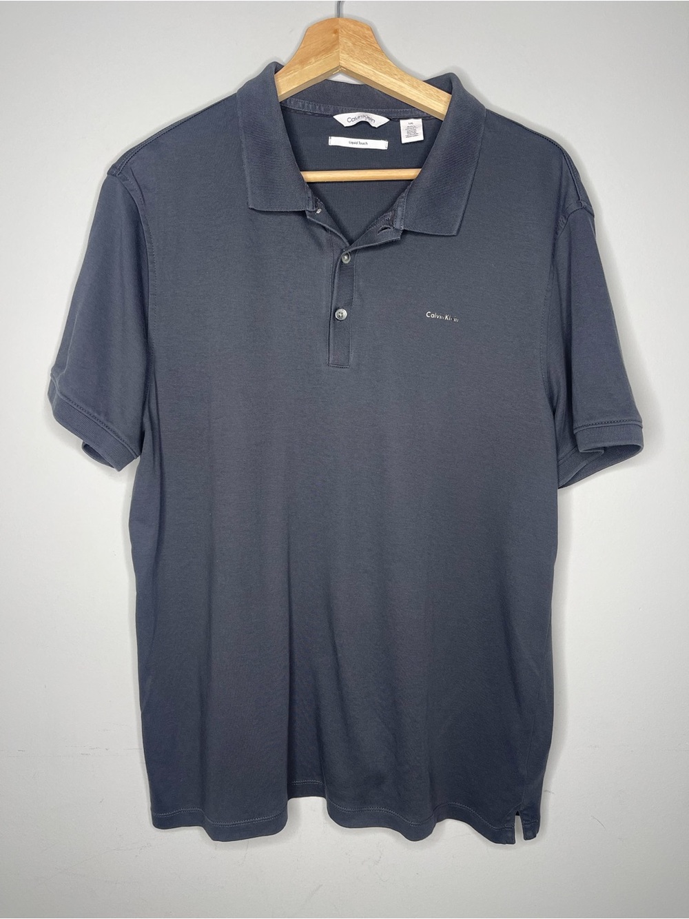 Calvin Klein Liquid Touch Polo Shirt Navy Blue Cotton Short Sleeve (Large)